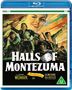 Text: "Halls of Montezuma", "Widmark", "Technicolor". Illustration von Soldaten im Kampf und ein großes Gesicht einer Frau im Hintergrund., DVD