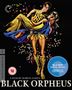 "BLACK ORPHEUS" und "A FILM BY MARCEL CAMUS". Ein buntes, tänzerisches Paar in leuchtendem Kostüm wird dargestellt.
