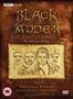 "Black Adder Remastered: The Ultimate Edition" oben. Illustration mit vier Männern. "Exclusive Extras, Interviews & Commentaries" unten.