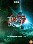 Text: "BLAKE'S 7", "The Complete Series 1 - 4", "20 DISCS". SF-Illustration mit Planeten und Sternen. BBC-Logo. Freigabe "12"., 20 DVDs