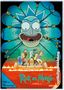 "Rick and Morty Staffel 9". Große, wütende Cartoon-Gesicht im Zentrum, Figuren auf einem Floß in Lava unten., DVD