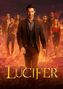 Text: "LUCIFER". Eine Gruppe von Menschen steht in Flammen, der Mann vorne trägt einen Anzug und geht selbstbewusst.