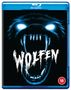 Text: "WOLFEN". Illustration eines furchteinflößenden Wolfs mit leuchtenden Augen und gefletschten Zähnen. Ab 18-Symbol., Blu-ray Disc