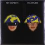 Text oben: "PET SHOP BOYS RELENTLESS". Zwei verpixelte Gesichter mit bunten Helmen auf schwarzem Hintergrund., LP