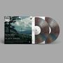Text: "BONOBO BLACK SANDS." Eine Landschaft mit einem Berg und Baum, zwei Schallplatten mit marmoriertem Muster., 2 LPs