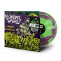 "Municipal Waste" und "Massive Aggressive" in düsterer Schrift, grün-lila Vinyl, chaotische Zombie-Illustration., LP