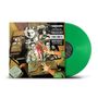 Grüne Vinyl-Schallplatte; darauf Illustrationen von medizinischen Instrumenten und Fotos, beschriftet mit künstlerischem Text.
