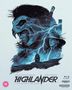 Text: "Highlander", "Christopher Lambert", "Sean Connery", "A film by Russell Mulcahy". Illustration mit Blitz und Charakteren.