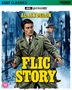 "FLIC STORY", "ALAIN DELON" in großen gelben Buchstaben, Illustration: Zwei Männer mit Waffen in regnerischer Stadt., Ultra HD Blu-ray