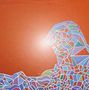 Ein Gemälde mit geometrischen, bunten Mustern auf orangefarbenem Hintergrund. Keine sichtbaren Texte., LP