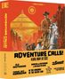 "ADVENTURE CALLS! KARL MAY AT CCC" steht im Vordergrund mit mehreren Filmtiteln. Illustration: Cowboy vor Pyramide.