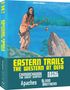 "Eastern Trails: The Western at DEFA" in gelber Schrift, Namen wie "Chingachgook" und "Apaches". Illustration eines Mannes mit Gewehr vor Bergkulisse.