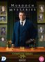 "MURDOCH MYSTERIES", "COMPLETE SERIES 19", "6 DISC SET". Ein Mann in Anzug steht vor grünem Vorhang, umgeben von Porträts.