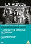 Texte: "LA RONDE", "NEWLY RESTORED DIGITAL VERSION", "ONE OF THE MARVELS OF CINEMA", "MASTERPIECE". Szene mit Theaterelementen., DVD