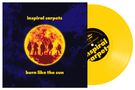 "Inspiral Carpets: burn like the sun" vor gelber Vinylscheibe, Silhouetten vor feurigem Sonnenmotiv., LP