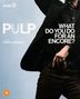 PULP. WHAT DO YOU DO FOR AN ENCORE? Ein Film von Garth Jennings. Mubi-Logo. Person in schwarzer Kleidung vor blauem Hintergrund.