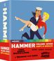 Texte: "HAMMER VOLUME SEVEN SHIPS & GIGGLES", "THE UGLY DUCKLING", "A Weekend with Lulu", "DON'T PANIC CHAPS!", "WATCH IT SAILOR!".

Illustration eines Seemanns, der lachend eine Frau trägt, auf blauem Hintergrund., 4 Blu-ray Discs