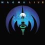 Text "MAGMA LIVE" oben. Illustration eines stilisierten Gesichts mit Hörnern, blauer Hintergrund, zentrales weißes Symbol., 2 LPs