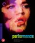 Text: "Performance", "directed by donald cammell & nicolas roeg", "18". Verschachtelte Gesichter in leuchtenden Farben.