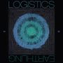 "LOGISTICS EARTHLING" in blauer Schrift, geometrische Muster mit einem blauen Kreis in der Mitte.