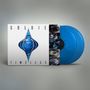 Text: G O L D I E, T I M E L E S S. Ein Albumcover mit blauem, skulpturalem Logo und zwei blauen Vinylplatten., 2 LPs