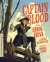 „Captian Blood“, Errol Flynn, Olivia de Havilland, Regie Michael Curtiz. Pirat mit Degen auf einem Schiff in Illustrierter Form.
