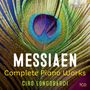 MESSIAEN, Complete Piano Works, Ciro Longobardi, 7CD. Pfauenfeder auf blauem Hintergrund.