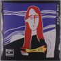 Run Run Pure Beauty. Illustration von Person mit rotem Haar, gelbem Fisch in der Hand, blauer Hintergrund mit Linien., LP