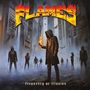 „FLAMES“ und „Frequency of Illusion“. Illustration eines Kapuzenträgers mit Flamme in der Hand, umgeben von Gestalten., CD