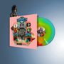 „ERASURE“ oben, „RADIO!! RADIO!!“ unten. Bunte Schallplatte, Roboter-Illustration, Retro-Stil., LP
