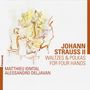 Titel: Johann Strauss II, Waltzes & Polkas for Four Hands. Links ein Aquarell von zwei Pianisten und tanzenden Paaren.