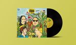 Text: "KAIANA Güirca." Illustration von vier Gesichtern umgeben von großen, bunten Pflanzen. Vinylplatte rechts daneben., LP