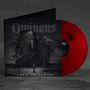 „Ominous“ und „by Lake of Tears“. Zwei düstere, geisterhafte Gestalten und eine Person, auf roter Vinylplatte., LP