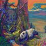 Ich sehe keinen Text. Bunte Illustration eines Pandas in einer lebhaften, farbenfrohen Waldlandschaft bei Sonnenuntergang., LP