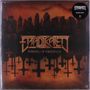 Aufschrift: "ERADIKATED WIRING OF VIOLENCE". Dunkle Skyline und umgedrehte Kreuze auf orange-braunem Hintergrund., LP