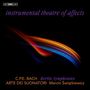 "instrumental theatre of affects" in lila, "C.P.E. BACH Berlin Symphonies" in Orange und Lila, bunte Lichtstreifen auf schwarzem Hintergrund.