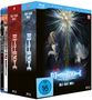 "DEATH NOTE", "BLU-RAY BOX 1", "BLU-RAY BOX 2"; Illustration zweier Figuren mit einem Kreuz im Hintergrund, FSK 16 Hinweis.