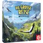 "Die große Reise: Wagemutig in den Süden." Illustration einer Landschaft mit Bergen, Fluss, Vögeln und einem Leuchtturm.