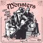 "The Monsters" oben zentriert. "Off The Road We Go!" links. Schwarz-weiß Musiker mit Augenbalken, rosa Hintergrund., LP