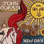 "JOHN CORABI" und "NEW DAY", Illustration: Sonne mit Gesicht, Sonnenblumen, Pferd mit Reiter, rote Mähne., CD