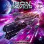Text: "IRON SAVIOR XXX DEATHBRINGER". Raumschiffe in bunter, weltraumähnlicher Umgebung. Science-Fiction-Illustration., LP