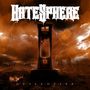 Text: "HATESPHERE" oben, "GUILLOTINE" unten. Eine Guillotine vor dunklen, stürmischen Wolken mit Blitzen.