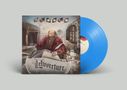„Kansas Leftoverture“. Illustration von einem alten Mann in rotem Gewand, der an einem Schreibtisch sitzt. Blaue Schallplatte.