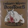 "The Mighty Mighty Bosstones" oben, "medium rare" unten. Illustration eines wütenden Bulldogs mit Fleischstück im Maul., LP
