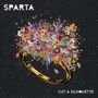 Text: "SPARTA", "CUT A SILHOUETTE". Eine bunte Blumenexplosion in einem kosmischen, sternenklaren Hintergrund., CD
