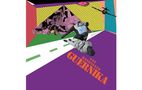 Text: "TXT MANIFESTO GUERNIKA". 
Eine bunte Collage mit geometrischen Formen, einem Flugzeug und Figuren auf einer Straße., LP
