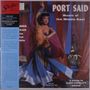 Text: "PORT SAID Music of the Middle East." Tänzerin in einem blauen Kostüm mit Schleier, Shisha im Hintergrund., LP