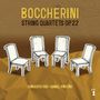 „BOCCHERINI STRING QUARTETS OP.22“ steht oben. Darunter vier gezeichnete, weiße Stühle auf braunem Hintergrund., CD