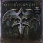 Text: "QUEENSRŸCHE", "BLACK VINYL". Ein metallisches Symbol vor dunklem, verwittertem Hintergrund.