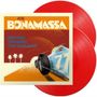 "JOE BONAMASSA" und "DRIVING TOWARDS THE DAYLIGHT". Illustration: Blaues Rennauto, Palmen, zwei rote Schallplatten., 2 LPs